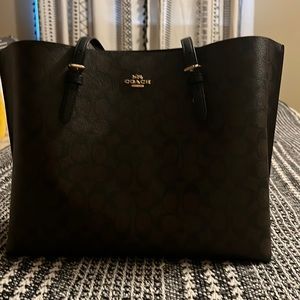 Coach Mollie Tote in Signature Canvas, Rich Chocolate tones and red interior.